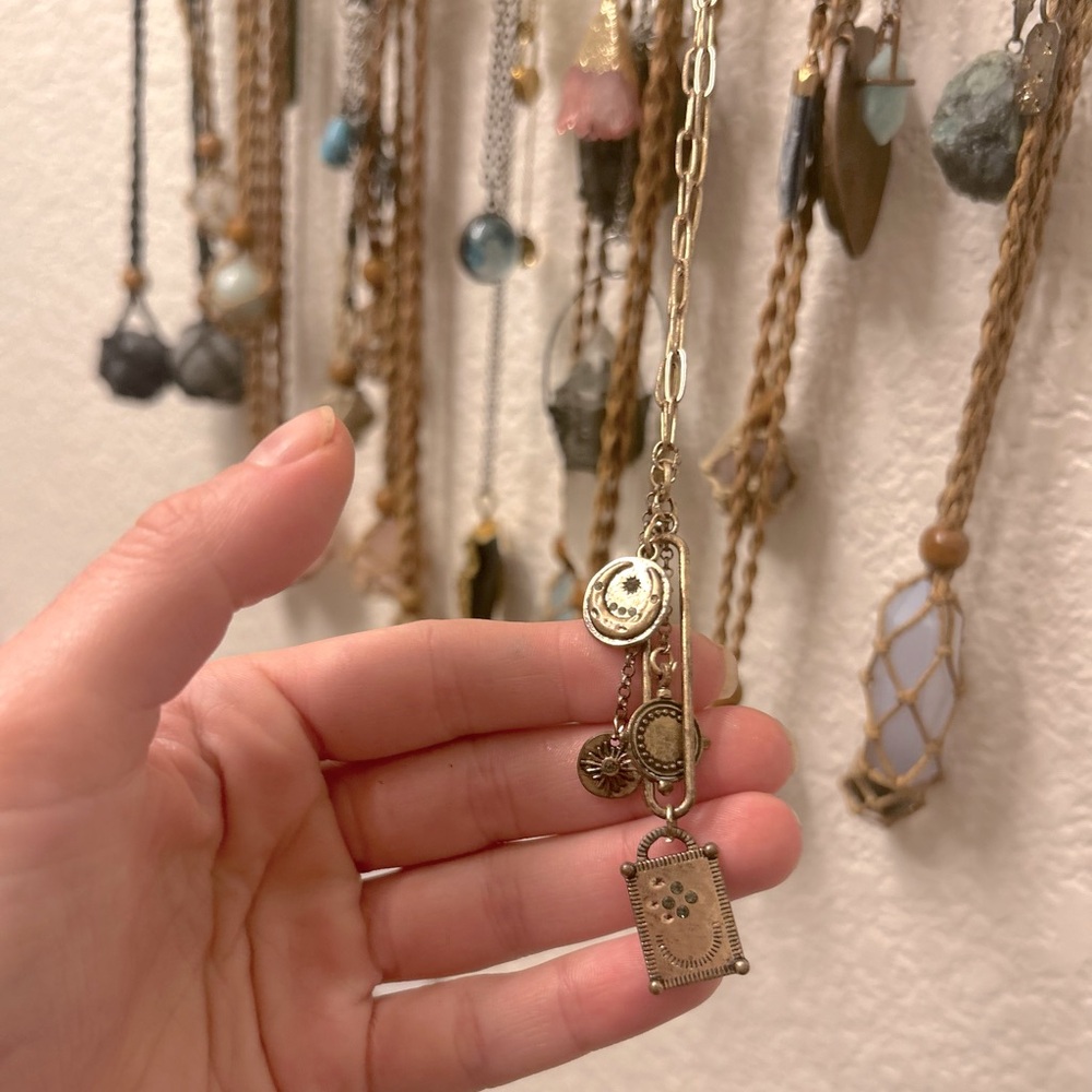 Vintage Brass Cable Link Celestial Drop Charm Necklace
